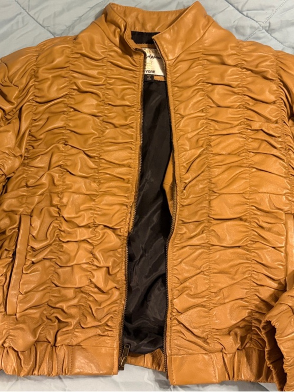 Vintage Ruched Leather Bomber Jacket in Camel